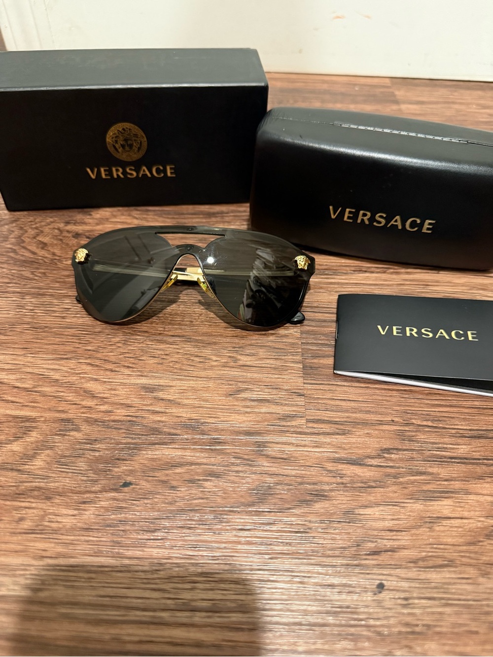 Versace Black and Gold Shield-Style Sunglasses